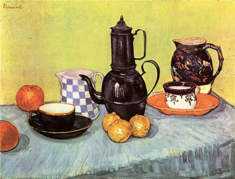 Still Life Blue Enamel Coffeepot, Earthenware And Fruit